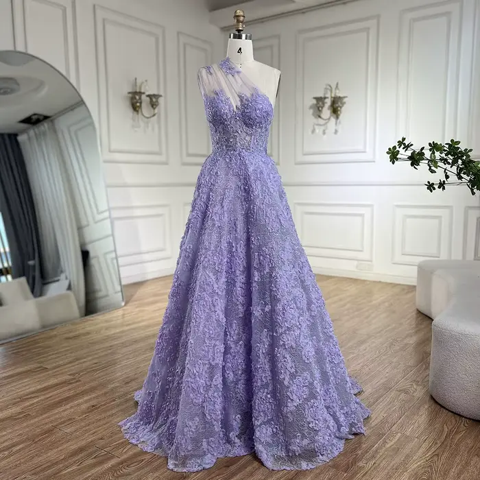 Robe de bal de luxe pour femmes, asymétrique épaule dénudée, ligne a, avec des Appliques en dentelle