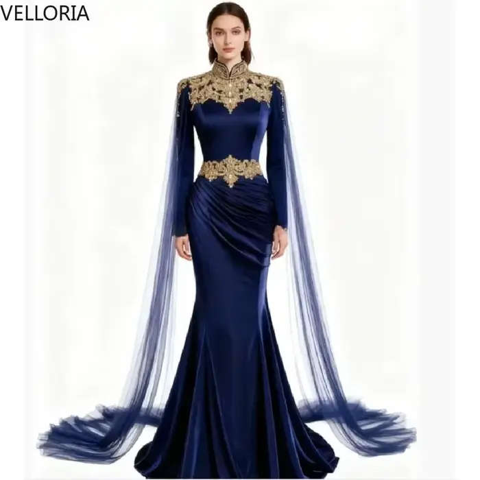 Robe de soirée marine avec Cape en dentelle dorée, élégante, manches longues, style sirène, Vintage,