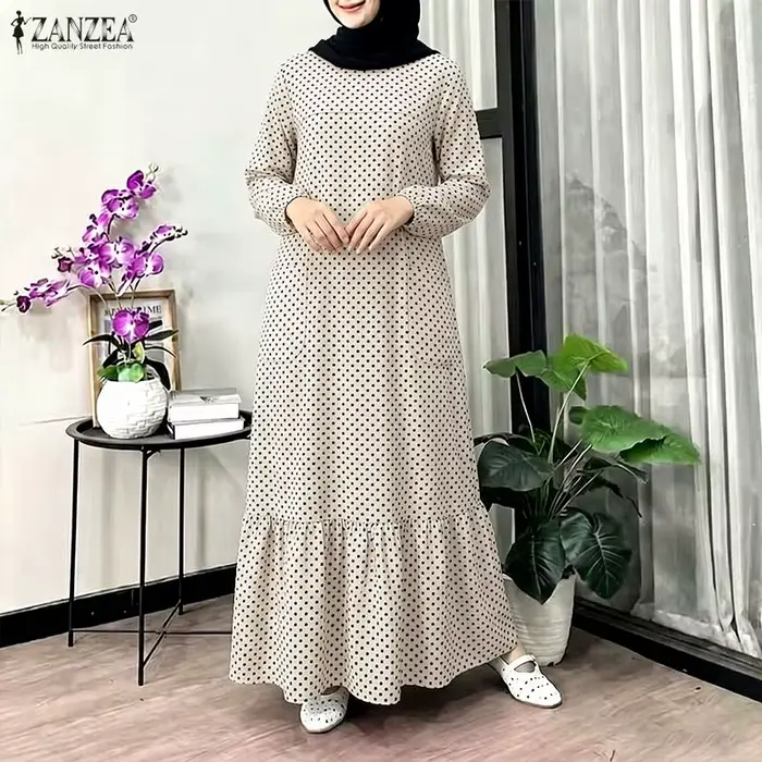 ZANZEA Robe Abaya décontractée à pois imprimés pour femme