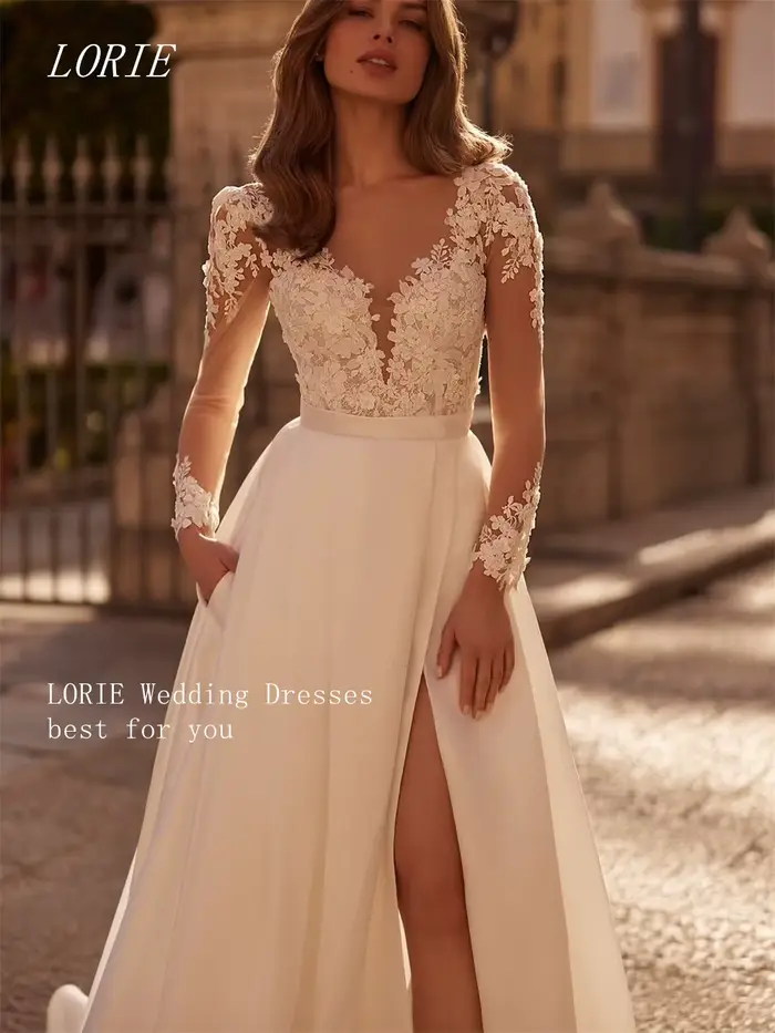 Robe de mariée civile de luxe LORIE, coupe trapèze, col en V, élégante avec appliques de dentelle florale personnalisable pour femmes occasions spéciales
