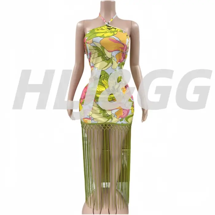 HLJ élégant fleur imprimé glands Patchwork robe longue femmes licou sans manches dos nu Maxi robes femme Streetwear