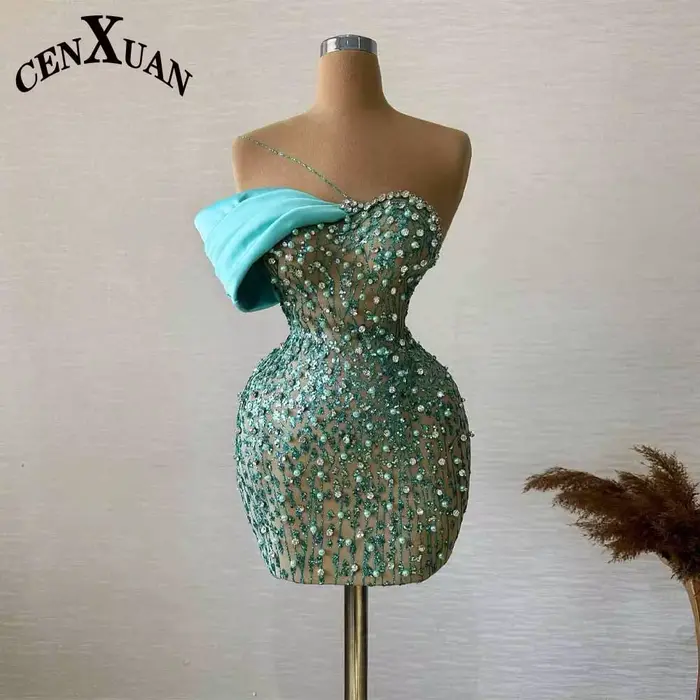 Robes de cocktail chic à une épaule CENXUAN avec strass et perles, robes de soirée courtes, Vestidos