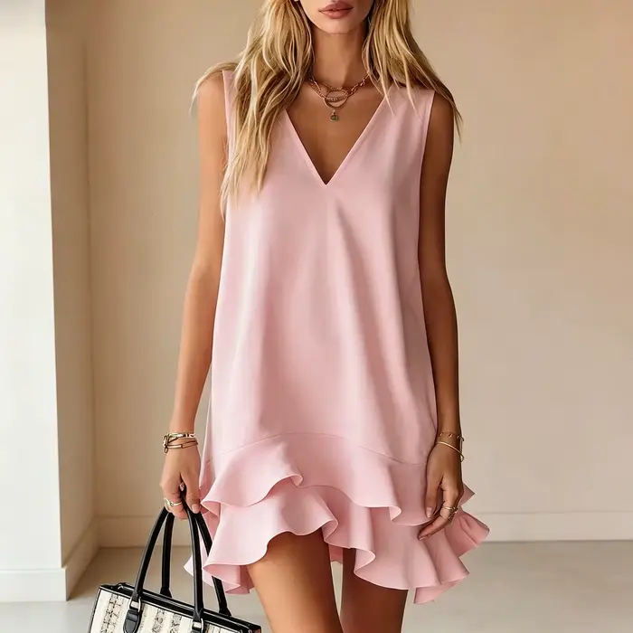 Robe mi-longue coupe trapèze style Y2K streetwear col en V sans manches pour soirée fête travail 2026