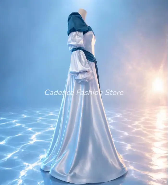 Robe de soirée classique médiévale blanche en satin scintillant à manches lanternes