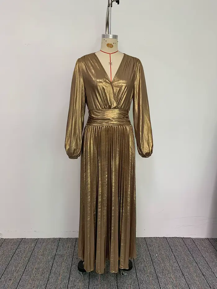 Robe longue en polyester et élasthanne élégante pour femmes, col en V, plissée, manches bouffantes, or, pour mariage, banquet, soirée festive