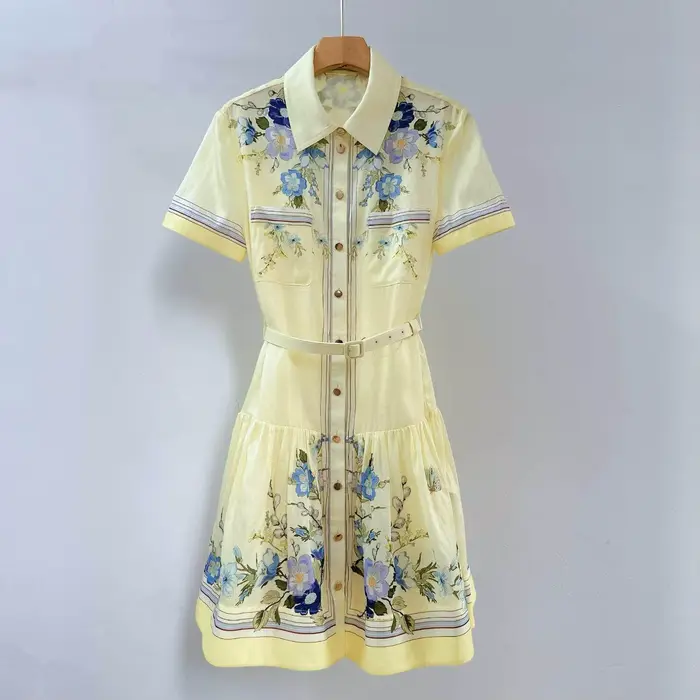 Robe courte à imprimé floral pour femmes, col rabattu, manches courtes, silhouette élégante, été, occassions spéciales