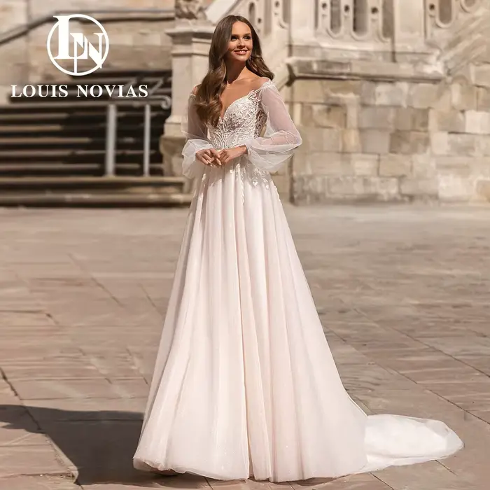 Modiis Novias-Robe de mariée A-Line, Sexy, Flowy Appliques, Shiny Off the Initied Button, V-Neck, La