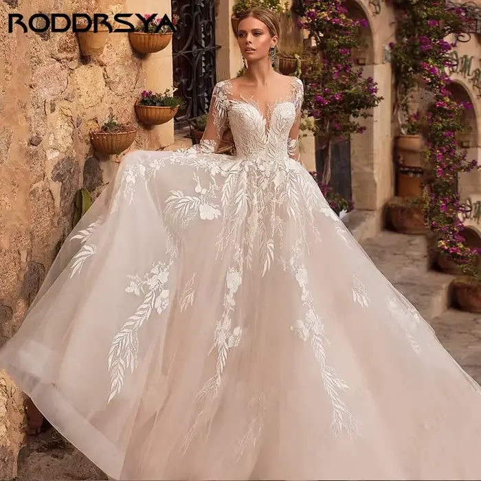 Robe de mariée RODDRSYA en polyester avec train balayage pour femmes exquises, décolleté en cuillère, manches longues, dos illusion, occasions spéciales