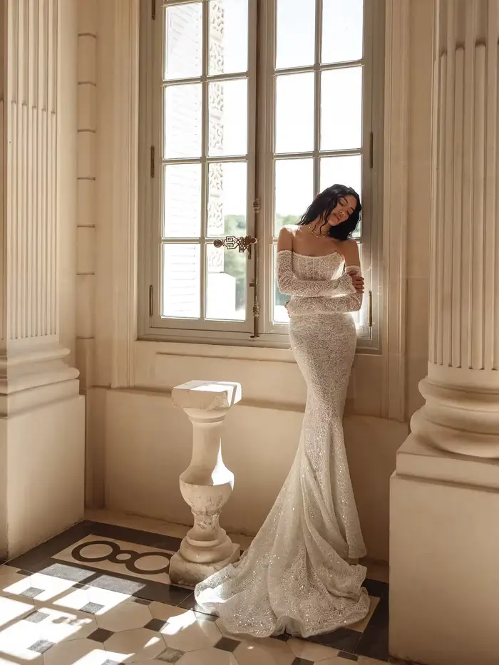 Robe de mariée sirène sexy, élégante, à épaules dénudées, manches longues, en dentelle, moulante, av