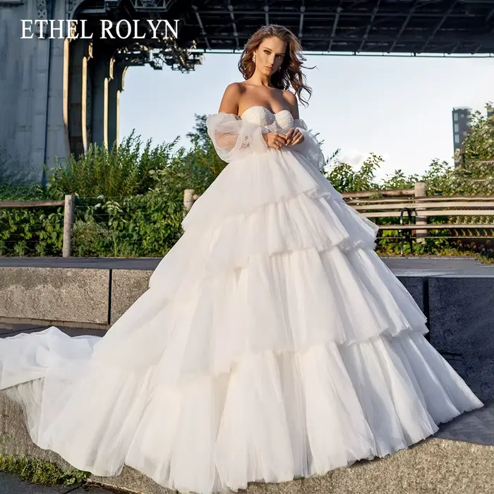 ETHEL ROCirCN-Robe de mariée froncée dos nu, robe de Rhsexy, poignées sans bretelles, manches bouffa