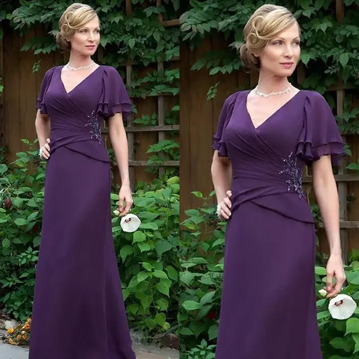 Nouvelle arrivée 2023, robe de mère de la mariée violette à manches courtes
