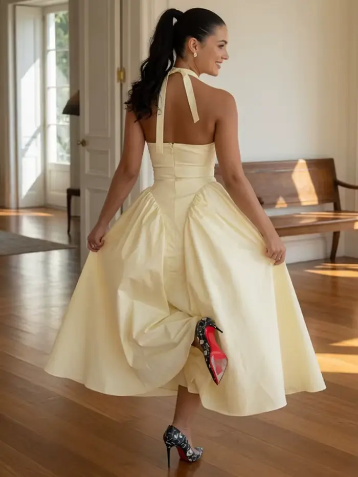 Robe midi élégante pour femme en polyester avec patchwork et volants pour soirées et fêtes estivales
