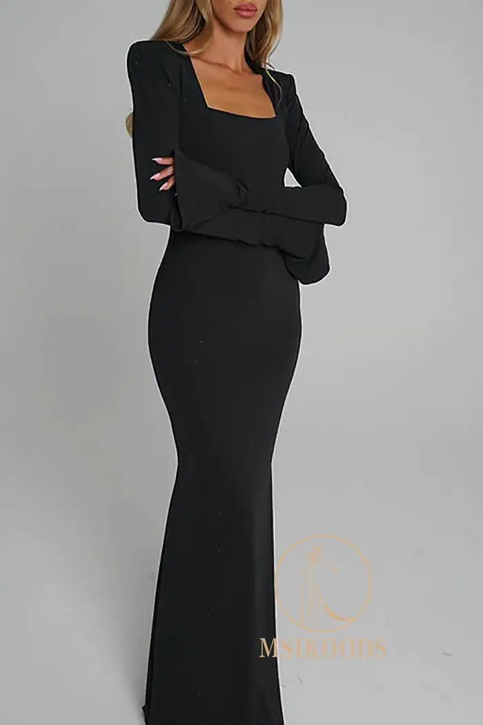 Robe de soirée noire Msikoods avec col carré et manches longues pour femmes, occasion de bal, soutien-gorge intégré, polyester crêpe, silhouette sirène, disponible en plusieurs tailles et couleurs