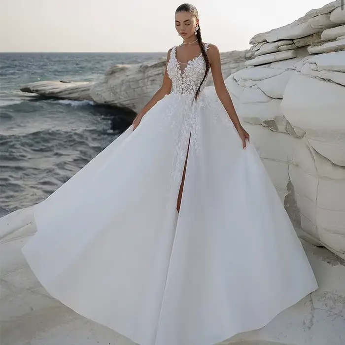 Robe De mariée romantique en Organza avec broderie, robe De bal fendue, ligne a, col en v, sans manc