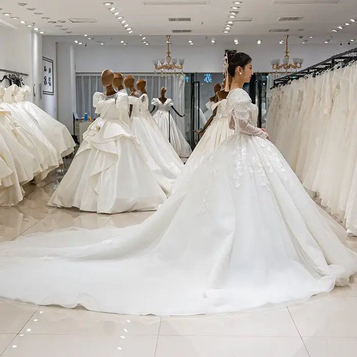 9178 Personnalisé De Luxe Princesse Robe De Mariée 2025 Long Train Manches Bouffantes