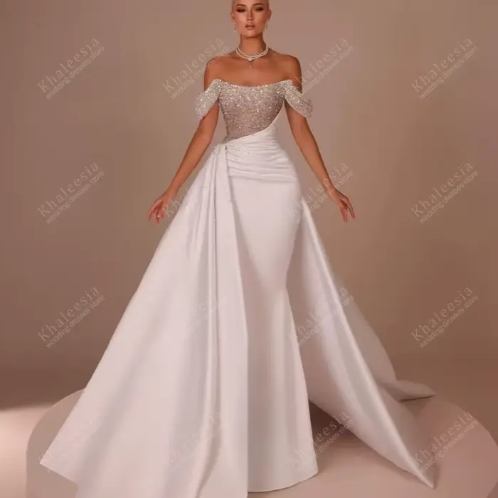 Magnifiques Robes de Mariée en Satin, Robes de Mariée Épaules Dénudées, Robes Longues Coupe A-line, 