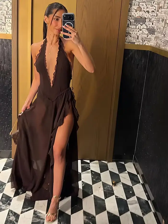 Robe longue sexy dos nu à col halter et décolleté plongeant pour femme