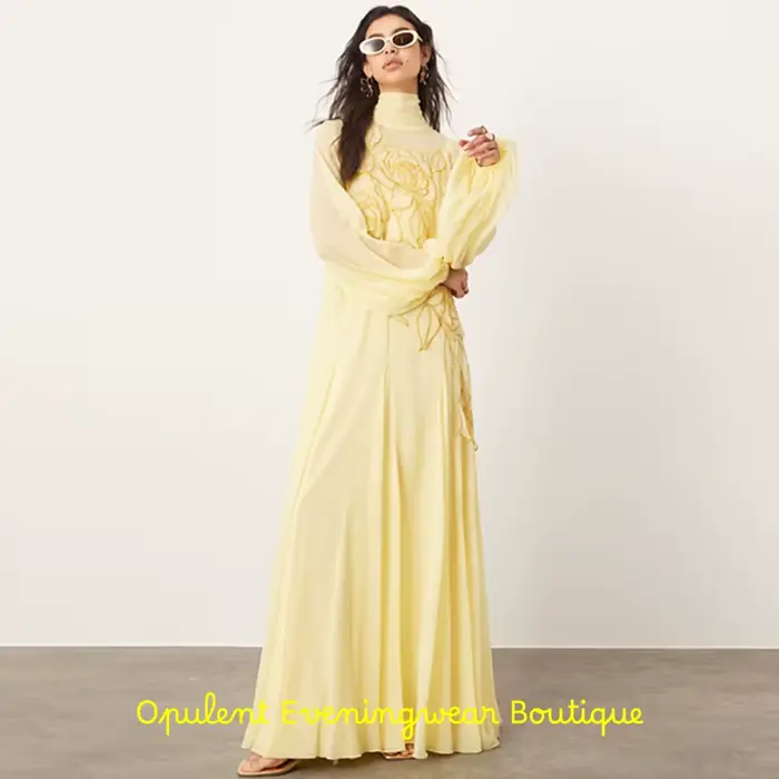 Robe de soirée en mousseline de soie jaune exquise