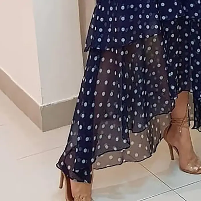 Robe élégante à pois imprimés bleu foncé pour femmes, soirée, événements professionnels, cadeau surprise, coupe empire, silhouette fluide