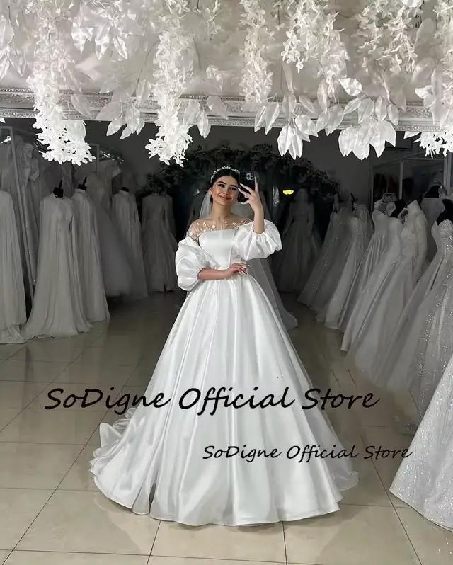 Robe de Mariée SoDigne en Satin Trapèze avec Manches Bouffantes et Appliques pour Femmes Occasions Spéciales
