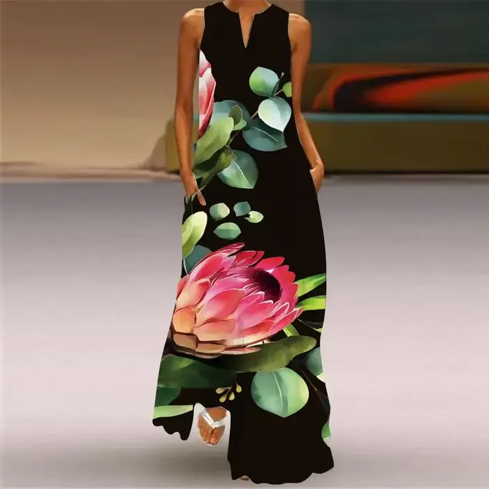 Robe imprimée rose rouge décontractée pour femmes, été, sans manches, col en V, avec poches, idéale pour la plage et les soirées, disponible en plusieurs tailles et couleurs
