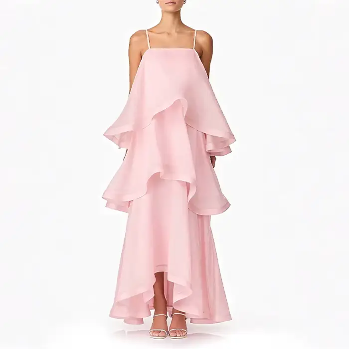 Chic rose doux couche ourlet licou robe sans manches une ligne fête Maxi Robes élégantes longues Rob