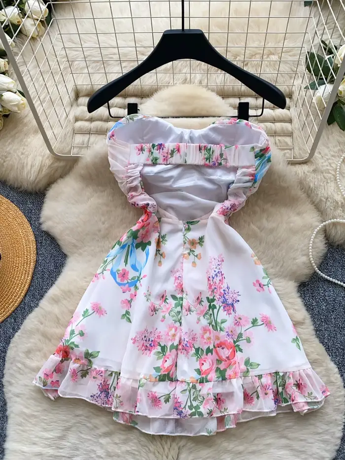 Robe courte féminine style vacances françaises imprimé floral bandeau dos nu taille haute sexy coréen pour soirée et club