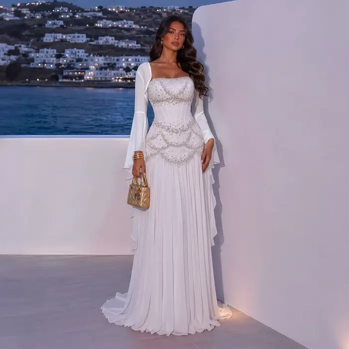 Robe de soirée élégante en mousseline de soie blanche avec doublure et veste, style exquis, perles et cristal, pour femmes de tous les âges, occasions formelles