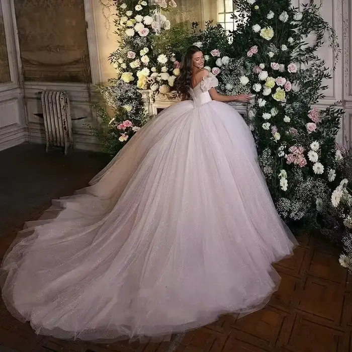 Robe de mariée de luxe palais à épaules dénudées brodée de paillettes et dentelle pour femmes grandes occasions spéciales