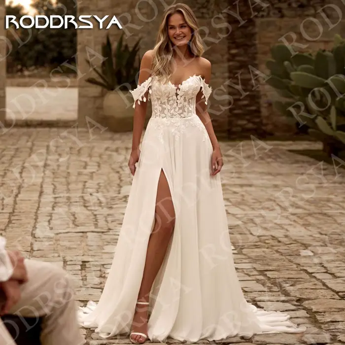 RODDRSYA bohème une ligne robe de mariée dentelle mousseline de soie femme romantique Appliques épaules nues haute