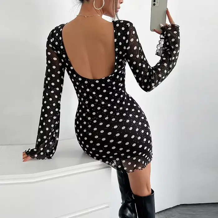 Robe noire Sexy imprimée à pois pour femmes