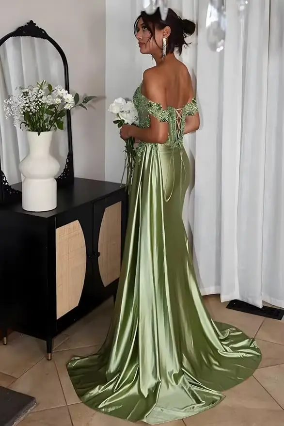 Robe de bal sirène vert sauge en dentelle perlée avec corset pour soirées formelles et bals occasions spéciales