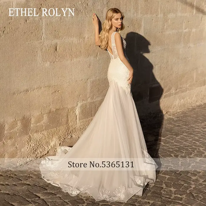 ETHEL ROLYN robe De mariée sirène chic col en v perlé dentelle Appliques dos nu