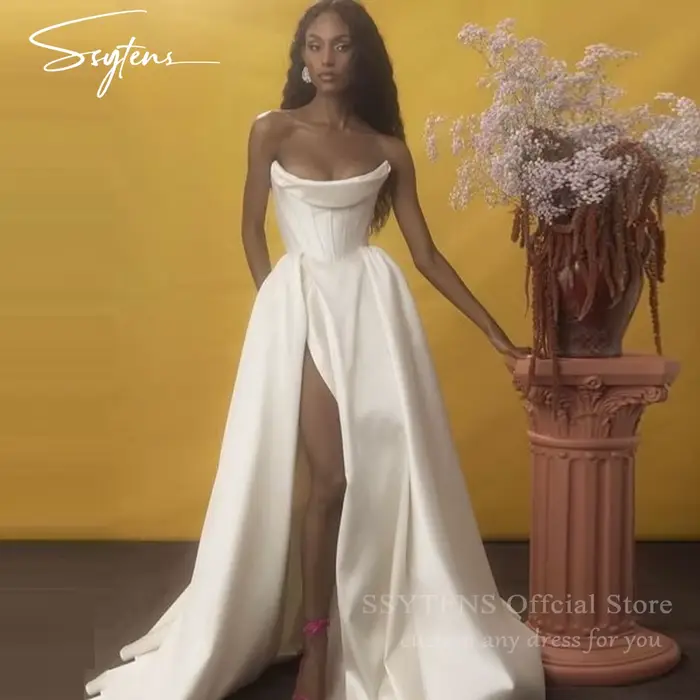 Robe de Mariée Classique en Satin Blanc pour Femme