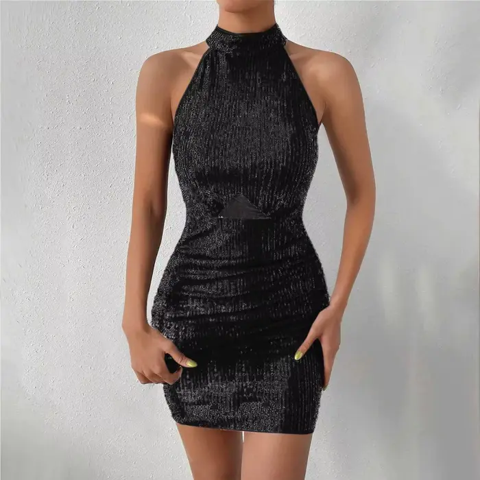 Robe à paillettes argentées pour femmes Y2K Clubwear Sexy épaules dénudées dos nu moulante Mini