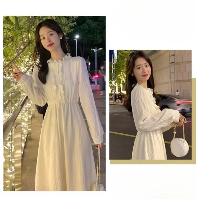 Robe de style français pour femmes, polyester extensible, col rond, plis él