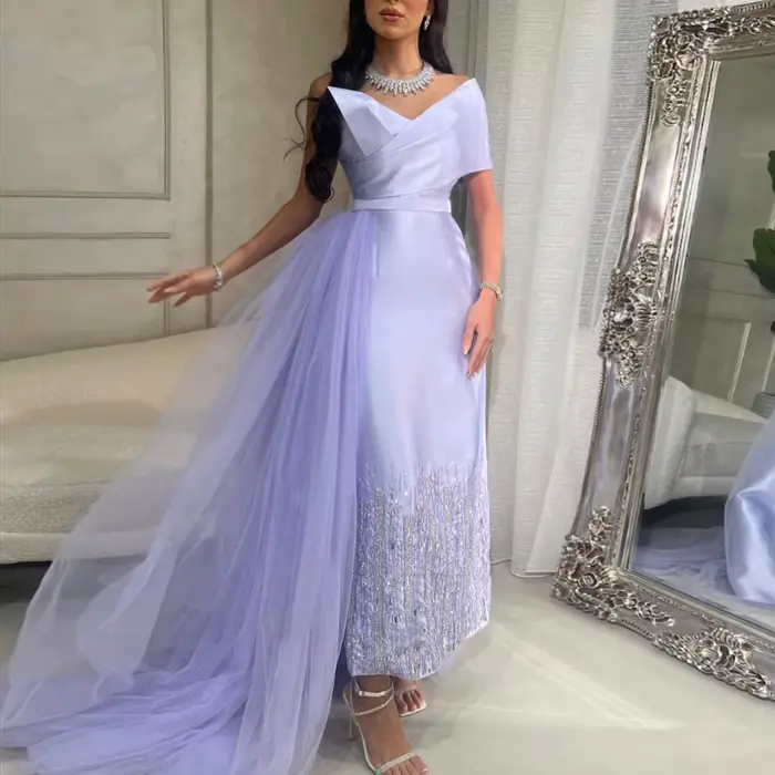 Robe Sharon Said en polyester vert sauge pour soirée officielle avec surjupe, décolleté d'une épaule, perles et plissé, tenue de mariage personnalisée pour femmes de tous âges