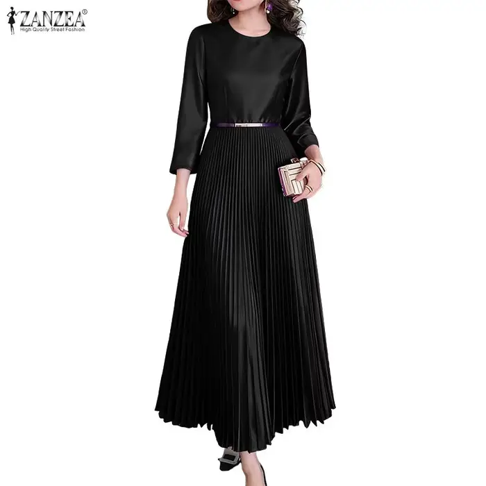 Robes de soirée élégantes en satin de soie pour femmes, col rond, manches 3/4, coupe évasée, plissée
