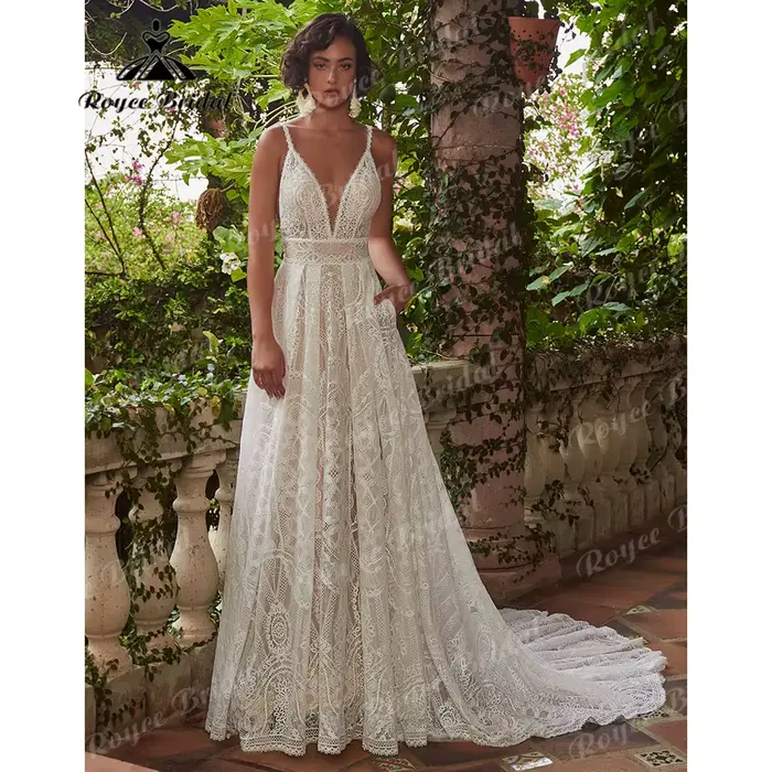 Robe de mariée en dentelle bohème à manches longues pour femmes