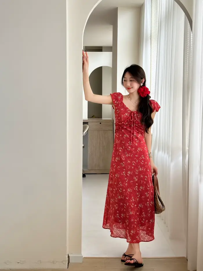 Robe longue à col en V style français, motif floral, pour femme, nouvelle collection été, style vaca