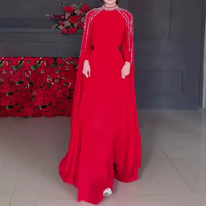 Robe de soirée modeste arabe élégante en polyester pour femmes, dentelle, col haut, longueur classique, tenue pour événements formels