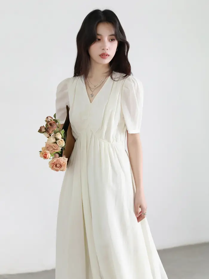Robe décontractée en viscose et nylon Chic Ven pour femmes, col en V, manches courtes bouffantes, silhouette en ligne, idéale pour l'été et les occasions spéciales