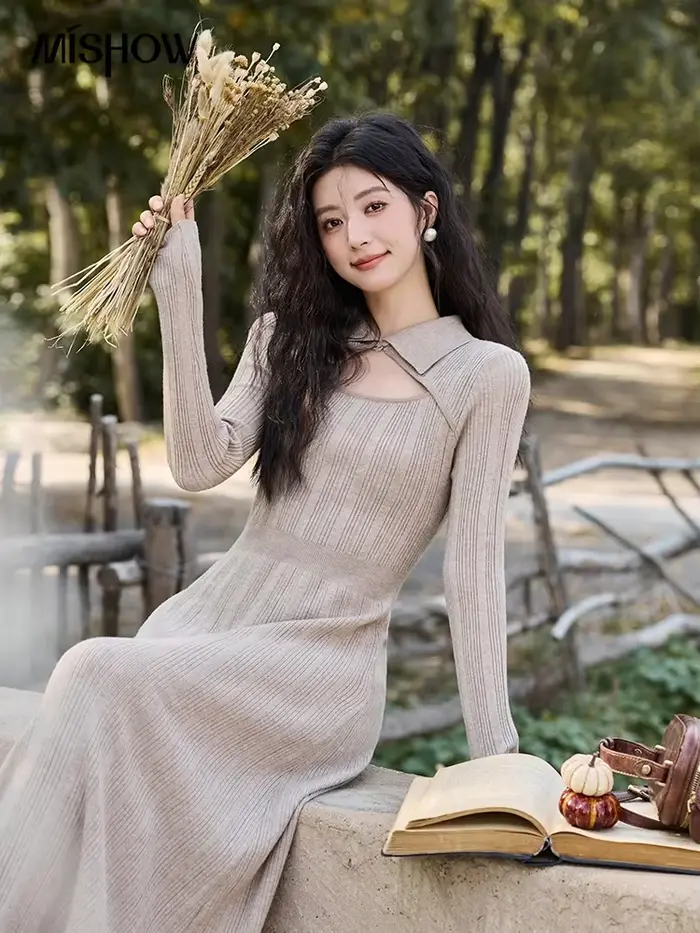 Robe pull femme en fourrure de vison style tricoté à manches évasées et haute élasticité pour automne hiver élégante