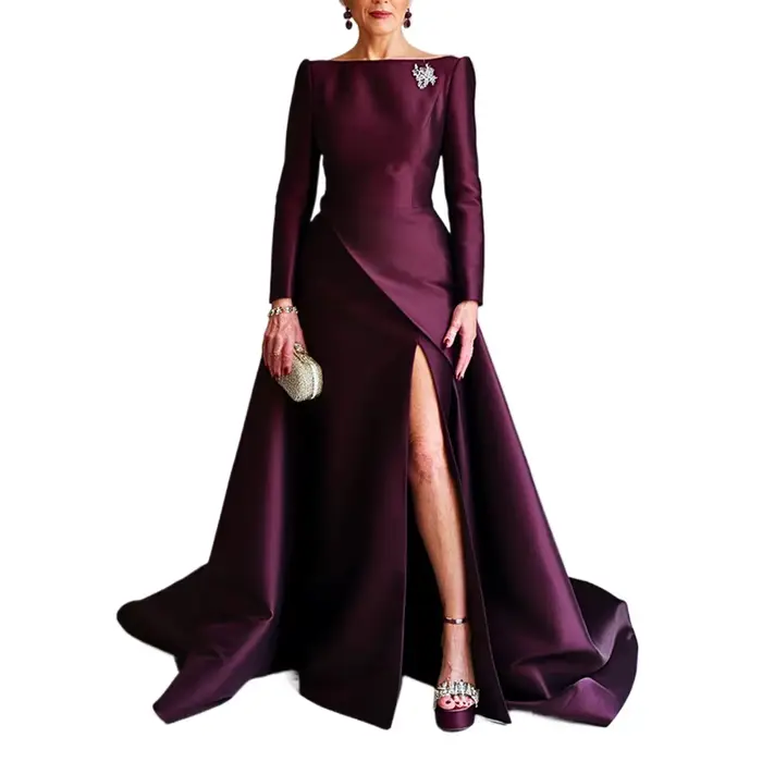 Robe de soirée élégante personnalisée col bateau manches longues longueur au sol ligne a fente latérale bal cocktail mariage mère