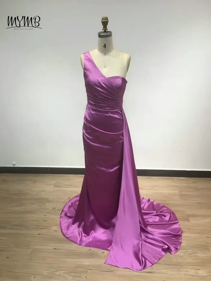 MYMB marron une épaule sirène élégante robes de demoiselle d'honneur arabe plissé longue ruban modeste