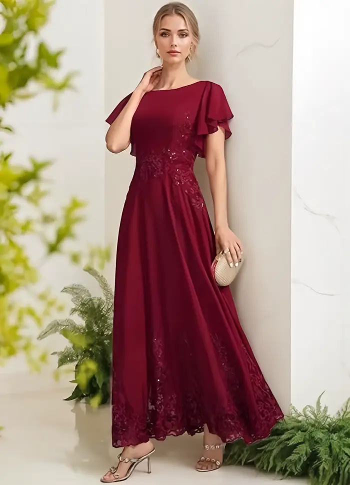 Robe de mère de la mariée en mousseline de soie élégante à col rond pour cérémonies formelles et événements spéciaux