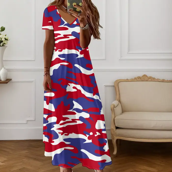 Robe longue d'été pour femmes à manches courtes et col en V
