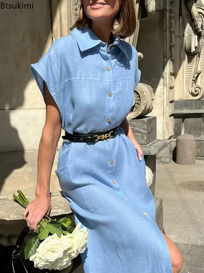 Robe longue d'été élégante pour femme en coton et lin, taille haute, à lacets, style chemise à revers, pour le bureau ou les loisirs