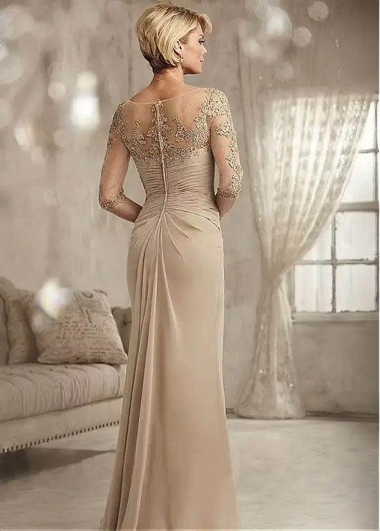 Robe de mère de la mariée élégante en dentelle perlée champagne pour soirée et occasions spéciales