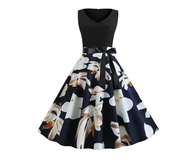 Robe midi sans manches motif floral 3D et pois style vintage frais col rond grande taille occaions spéciales femmes été